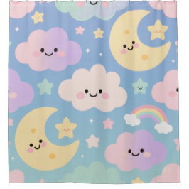 Dream Sky Blanket, Cute Clouds, Moons & Stars Douchegordijn