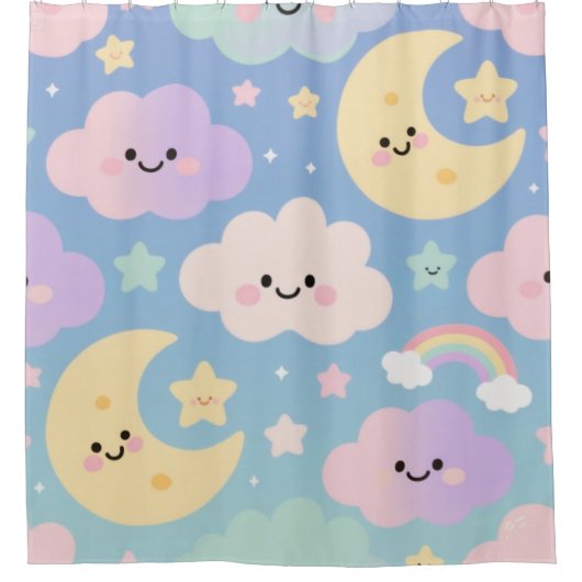 Dream Sky Blanket, Cute Clouds, Moons & Stars Douchegordijn (Voorkant)