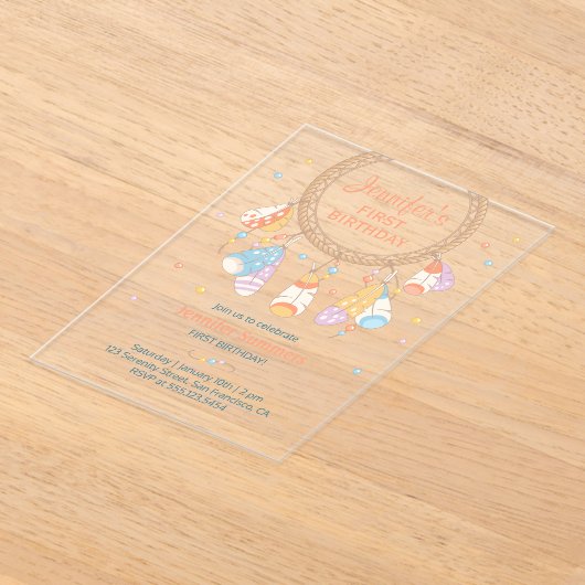 Dreamcatcher Boho Baby Eerste Verjaardag Transpara Acryl Uitnodigingen (Laagn)