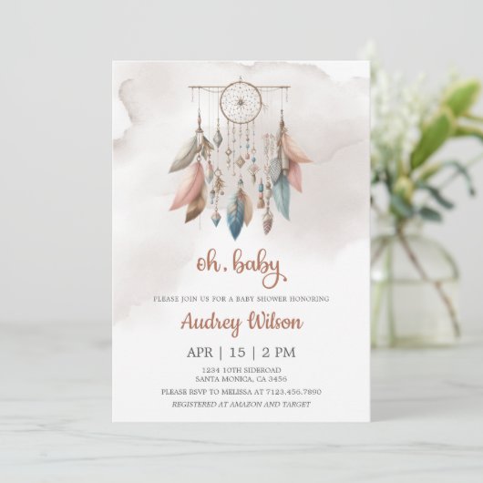 Dreamcatcher Boho Pastel Baby shower Uitnodiging (Staand voorkant)