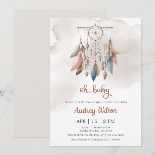 Dreamcatcher Boho Pastel Baby shower Uitnodiging (Voorkant / Achterkant)