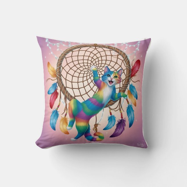 Dreamcatcher Cat: Rainbow Tabby Fantasy Kussen (Voorkant)