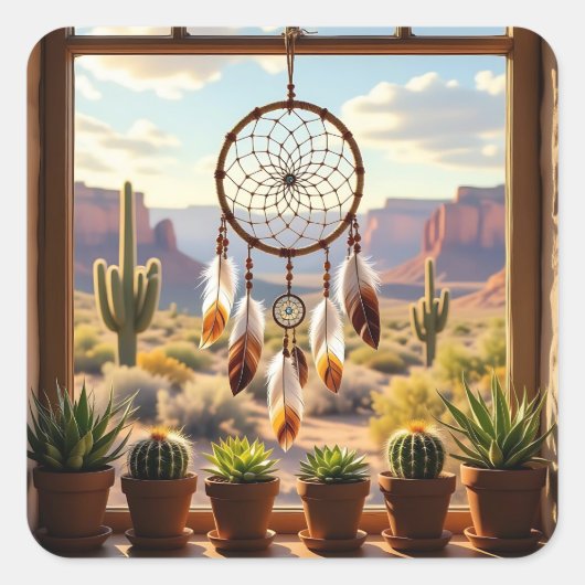 Dreamcatcher, Desert Canyons, Cacti Vierkante Sticker (Voorkant)