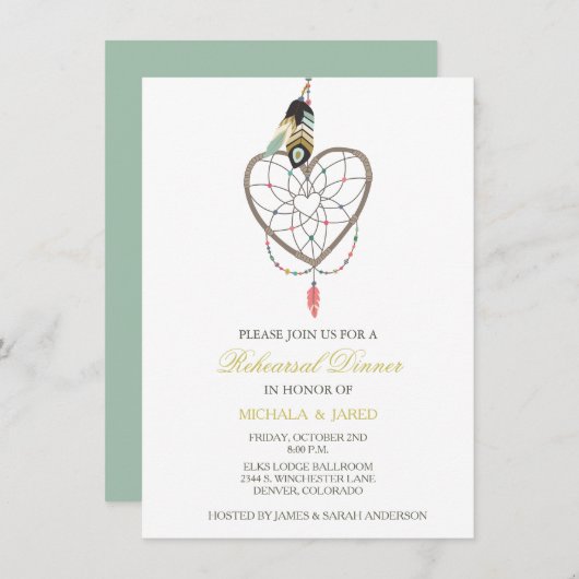 Dreamcatcher Feather Bruiloft repetitie uitnodigin Kaart (Voorkant / Achterkant)
