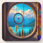 Dreamcatcher in venster met uitzicht op de bergen bier onderzetter (Voorkant)