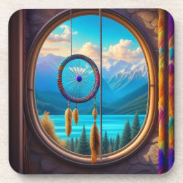 Dreamcatcher in venster met uitzicht op de bergen bier onderzetter