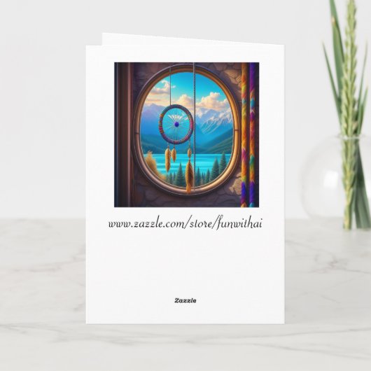 Dreamcatcher in venster met uitzicht op de bergen kaart (Achterkant)