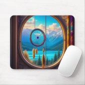 Dreamcatcher in venster met uitzicht op de bergen muismat (Met muis)