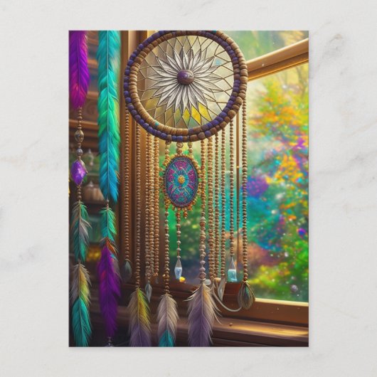  Dreamcatcher in Venster Paarse Boho Briefkaart (Voorkant)