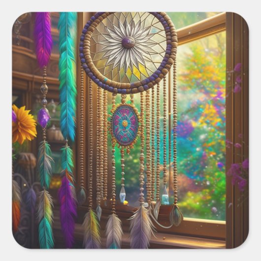 Dreamcatcher in Venster Paarse Boho Vierkante Sticker (Voorkant)
