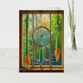 Dreamcatcher met blauwe, groene en Oranje veren Folie Wenskaart