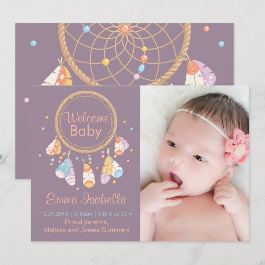 Dreamcatcher Nieuwe Baby Pasgeboren Geboorte Aanko Aankondiging (Voorkant / Achterkant)