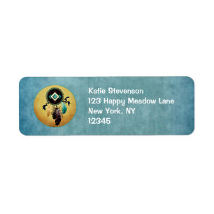 Dreamcatcher op een blauwe gestructureerde achterg etiket