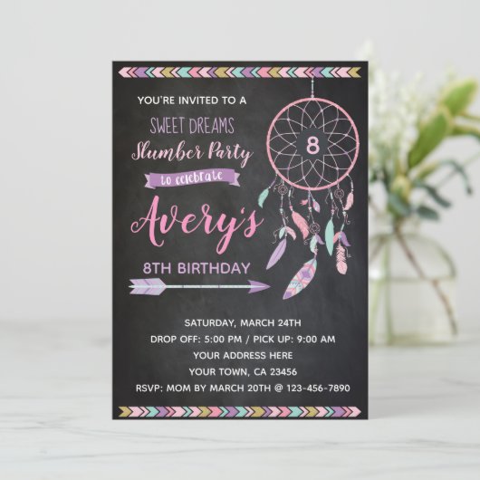 Dreamcatcher Slumber Party Invitation Chalkboard Kaart (Staand voorkant)