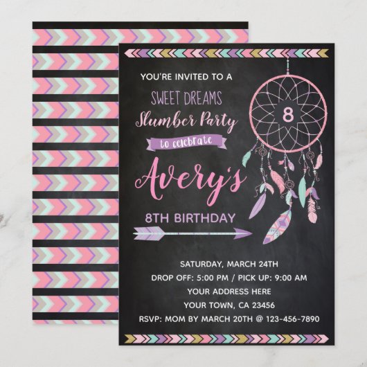 Dreamcatcher Slumber Party Invitation Chalkboard Kaart (Voorkant / Achterkant)