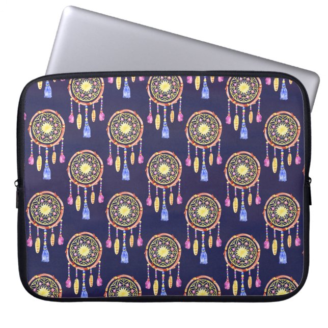 Dreamcatchers Feathers Waterverf Naadloze Textuur Laptop Sleeve (Voorkant)