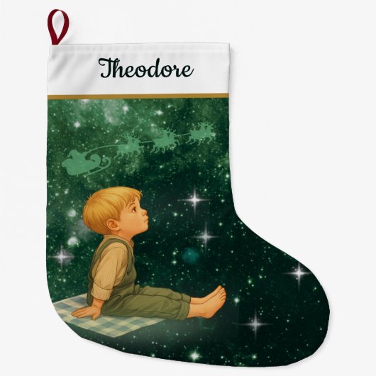 Dreaming Boy Christmas Stocking – Green Silver Grote Kerstsok (Voorkant)
