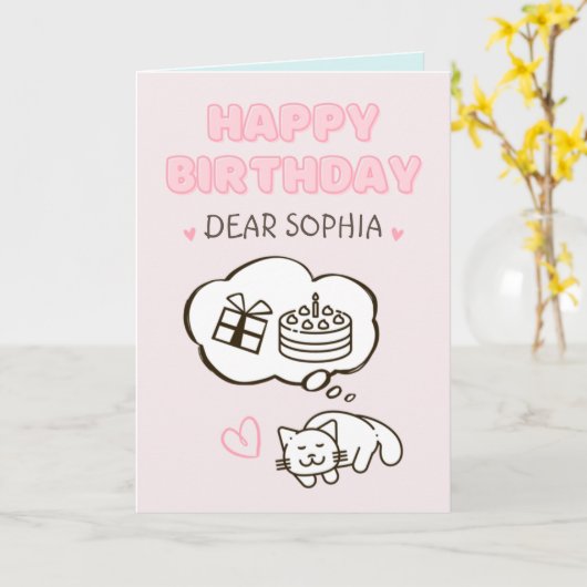 Dreaming Cat&Cake&Gift Happy Birthday Kaart (Gele Bloem)