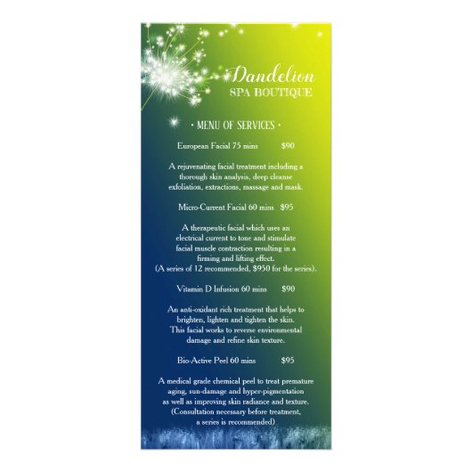 Dreaming Dandelion Massage Spa prijslijst menu (Voorkant)