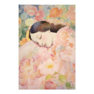 Dreaming in Bloom – Watercolor Sleeping Woman Foto Afdruk