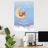 Dreaming Teddy Bear Moon Soft Blue Baby Shower Poster (Thuiskantoor)