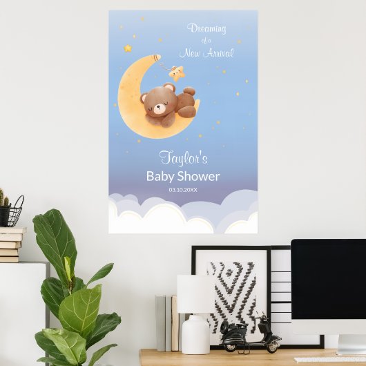 Dreaming Teddy Bear Moon Soft Blue Baby Shower Poster (Thuiskantoor)