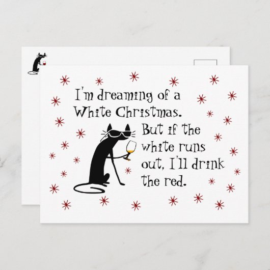 Dreaming van White Kerstmis Funny Wine Cat Briefkaart (Voorkant / Achterkant)