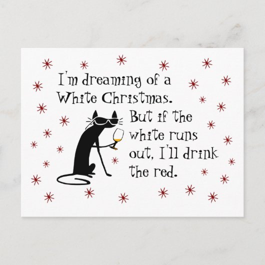 Dreaming van White Kerstmis Funny Wine Cat Briefkaart (Voorkant)