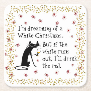 Dreaming van White Kerstmis Funny Wine Cat Kartonnen Onderzetters