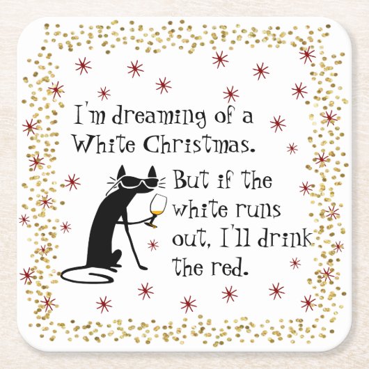 Dreaming van White Kerstmis Funny Wine Cat Kartonnen Onderzetters (Voorkant)