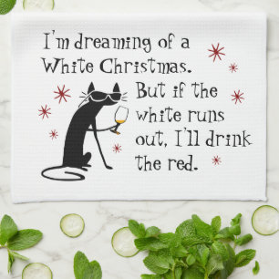 Dreaming van White Kerstmis Funny Wine Cat Theedoek