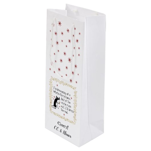 Dreaming van White Kerstmis Funny Wine Cat Wijn Cadeautas (Voorkant Gekanteld)