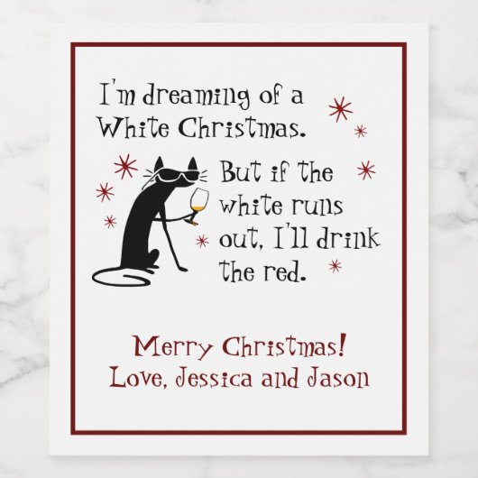 Dreaming van White Kerstmis Funny Wine Cat Wijn Etiket (Enkel label)