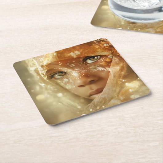 Dreamlike Children Portrait | Golden Veil Gaze Kartonnen Onderzetters (Schuin)