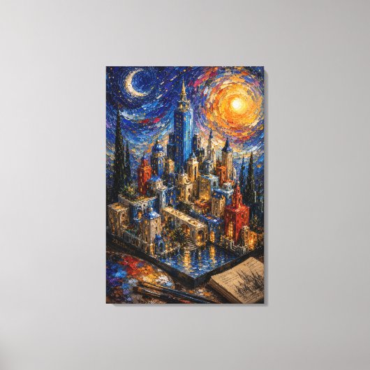 Dreamscape Metropolis | Impasto Fantasiestad Canvas Afdruk (Voorkant)