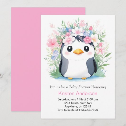 Dreamscape Waterverf Meisje Penguin Baby shower Kaart (Voorkant / Achterkant)