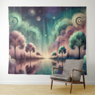 Dreamscape wervelende bomen Kosmische reflecties Wandkleed