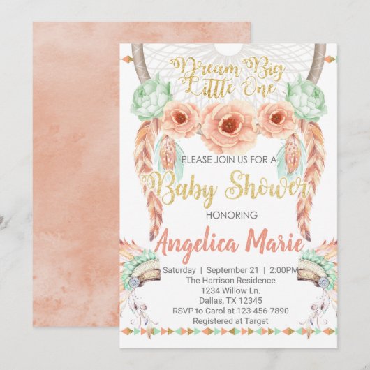 Dreamweaver Baby shower Invitation Coral Blauwgroe Kaart (Voorkant / Achterkant)