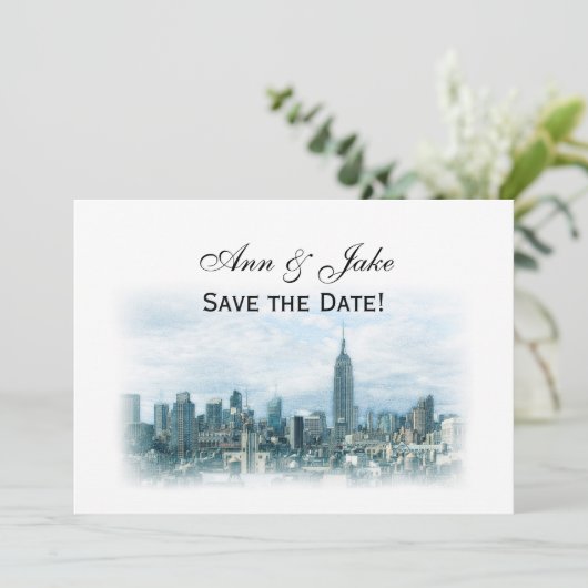 Dreamweaver Blauwgroen NYC Skyline Save the Date H Kaart (Staand voorkant)