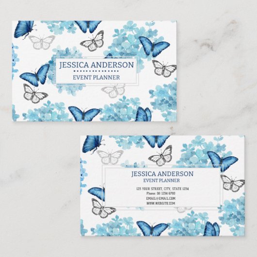 Dreamweaver Blue Hydrangea en Butterfly Event Plan Visitekaartje (Voorkant / Achterkant)