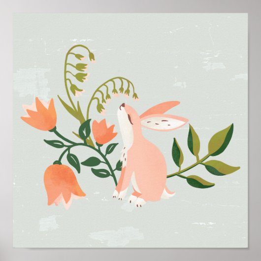 "Dreamweaver Bunny" Cute Pink Rabbit Floral Art Poster (Voorkant)