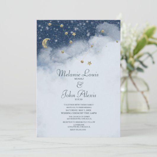 Dreamweaver Clouds Constellation Gold Foil Wedding Kaart (Staand voorkant)
