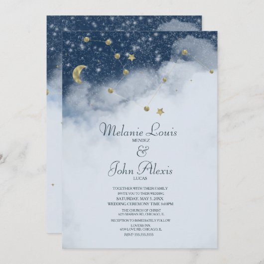Dreamweaver Clouds Constellation Gold Foil Wedding Kaart (Voorkant / Achterkant)