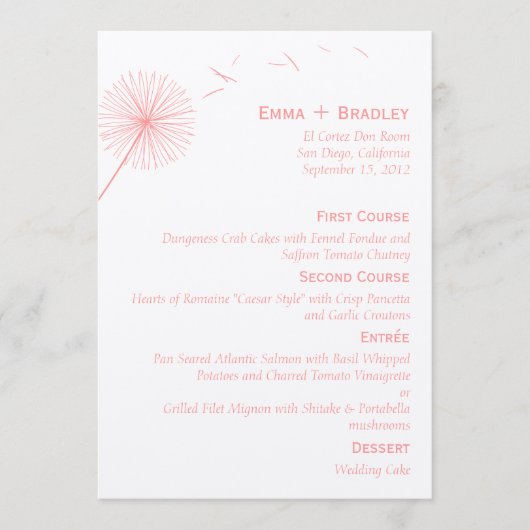 Dreamweaver Dandelion Wedding Menu Card - Roos Roz (Voorkant)