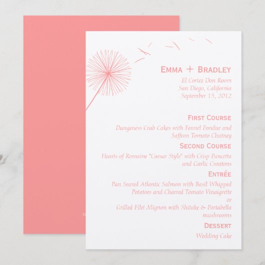 Dreamweaver Dandelion Wedding Menu Card - Roos Roz (Voorkant / Achterkant)