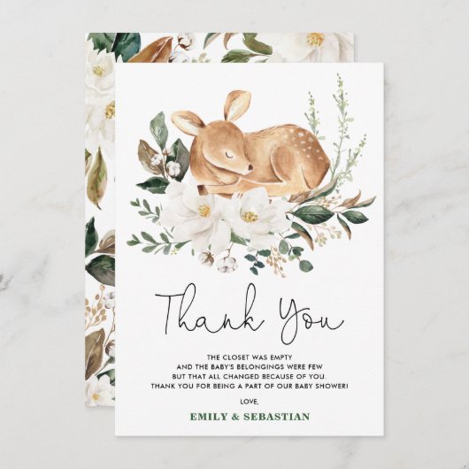 Dreamweaver Deer White Floral Greenery Wreath Baby Bedankkaart (Voorkant / Achterkant)