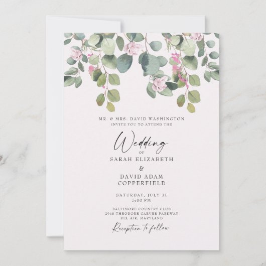Dreamweaver Eucalyptus & Roze Rose Wedding Invitat Kaart (Voorkant)