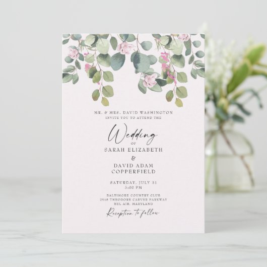 Dreamweaver Eucalyptus & Roze Rose Wedding Invitat Kaart (Staand voorkant)