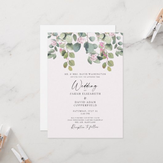 Dreamweaver Eucalyptus & Roze Rose Wedding Invitat Kaart (Voorkant / Achterkant in situ)