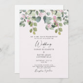 Dreamweaver Eucalyptus & Roze Rose Wedding Invitat Kaart (Voorkant / Achterkant)